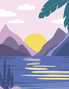 山间夕阳下的宁静湖景