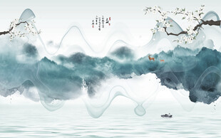 新中式水墨山水抽象意境梨花中堂