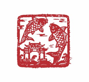 中式鲤鱼古建筑剪纸图案