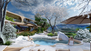 梦幻雪景中的户外温泉景观