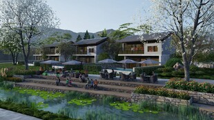 河畔中式建筑景观