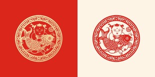 剪纸风童子抱鱼喜庆图案