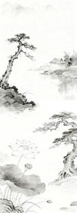 水墨山水间的松树景致