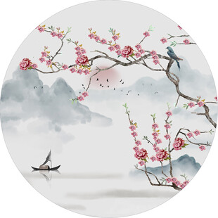 水墨梅花飞鸟山水图