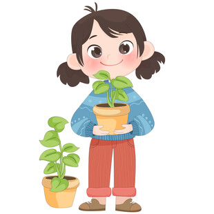 孩子抱绿植花盆扁平化儿童插画