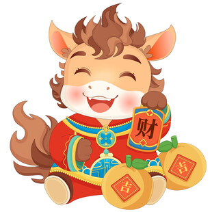 马年春节发财事事如意小马驹插画