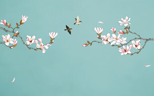 新中式玉兰工笔花鸟背景墙装饰画