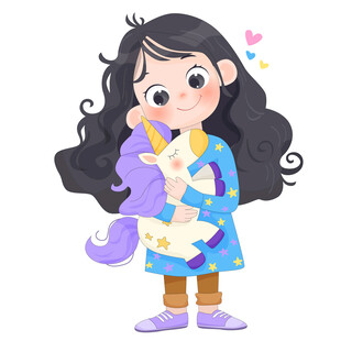 女孩拿紫色独角兽玩具儿童插画