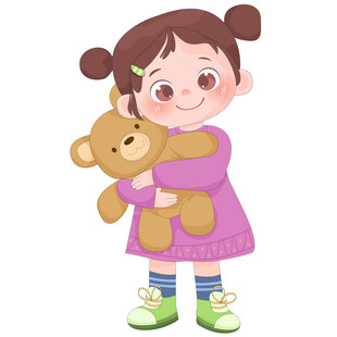 女孩拿棕色小熊玩具可爱儿童插画
