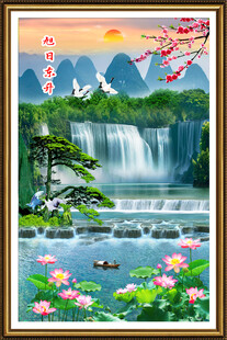 山水瀑布荷花风景图