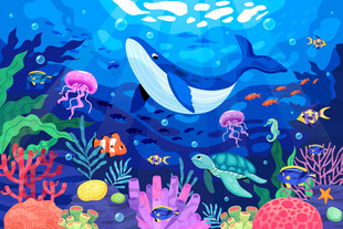 蓝色海底世界卡通鲸鱼珊瑚背景墙