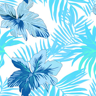 蓝调热带花卉植物图案