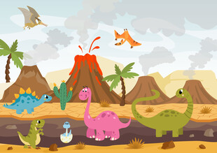 可爱恐龙世界卡通火山儿童背景墙