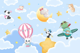 可爱小动物云朵月亮儿童房背景墙