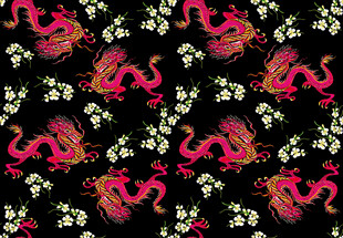 粉色花卉龙纹黑色图案背景