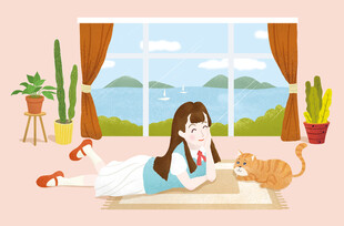 女孩趴着与小猫玩耍原创手绘插画