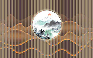 新中式格栅山水画幕墙背景墙