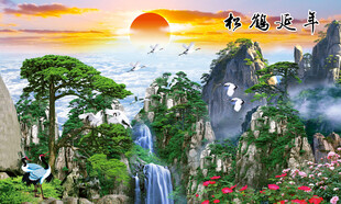 迎客松背景墙壁画
