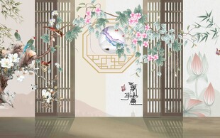 中式花鸟屏风装饰画