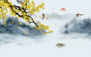 银杏花鸟山水