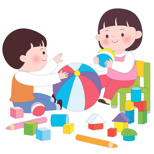 孩子彩色皮球积木块互动玩耍插画