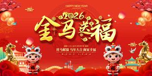 金马送福喜庆春节展板