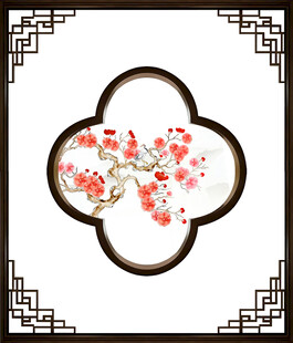 中式窗棂中的红梅景致