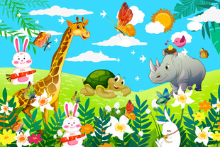 幼儿园儿童房卡通动物背景墙