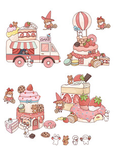 可爱猫咪甜品主题插画