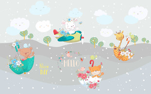 卡通小动物花朵小伞儿童房背景墙