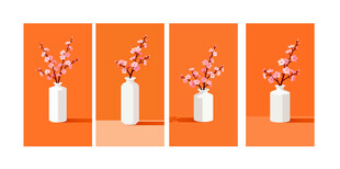 陶瓷花瓶中插着粉色樱花枝条插画