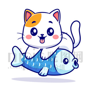 可爱小猫抱着小鱼