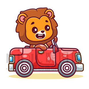 卡通狮子驾驶红色小汽车
