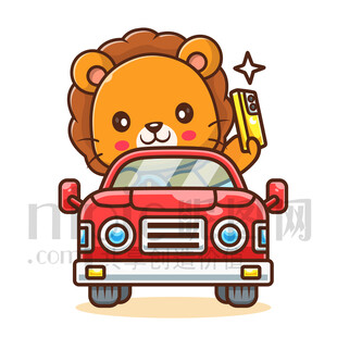 卡通狮子开红色汽车