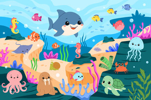 卡通鲸鱼海底世界动物珊瑚背景墙