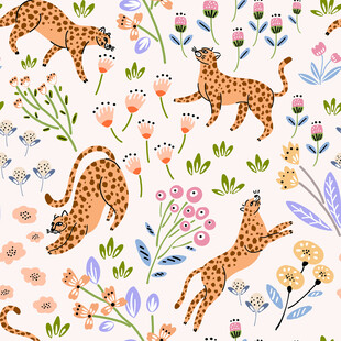 豹与花卉的梦幻图案设计