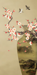 新中式梅花工笔花鸟花瓶国画山水