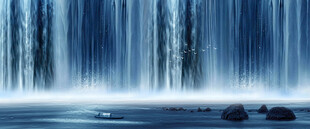 高清蓝色瀑布山水画