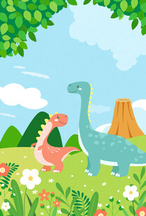 恐龙草地散步火山花丛插画边框