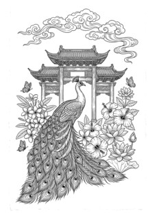 中式孔雀与古典建筑图案