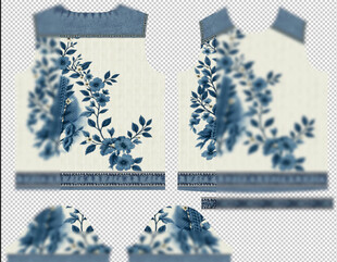 中式蓝白牛仔植物窗棂图案素材