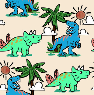 卡通恐龙与热带植物图案