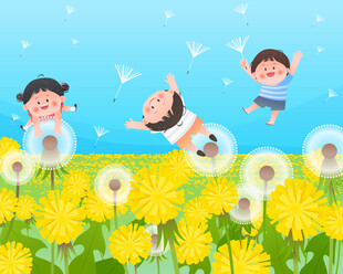 蒲公英油菜花海孩子观察自然插画