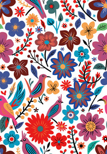多彩花卉与小鸟图案设计