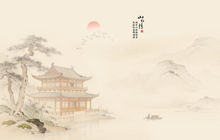 中式屏风古画水墨山水画背景墙