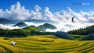 蓝天白云梯田风景画