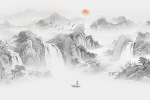 意境水墨山画背景壁画