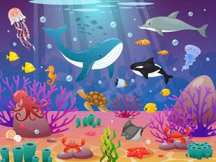 海底世界卡通鲸鱼海豚珊瑚背景墙