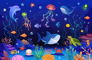 梦幻海洋动物卡通鲨鱼海底背景墙