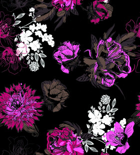 黑色底绚丽花卉图案